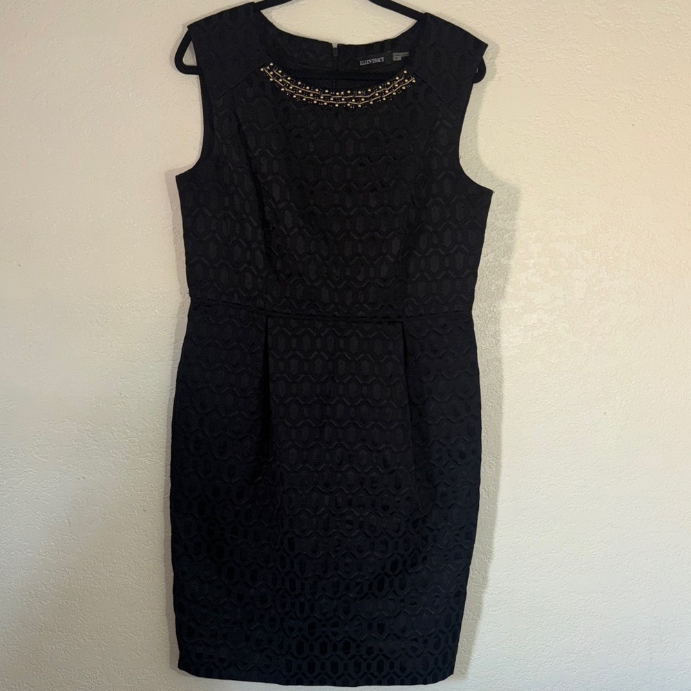 Black Textured Sheath Dress Gold Beaded Neckline